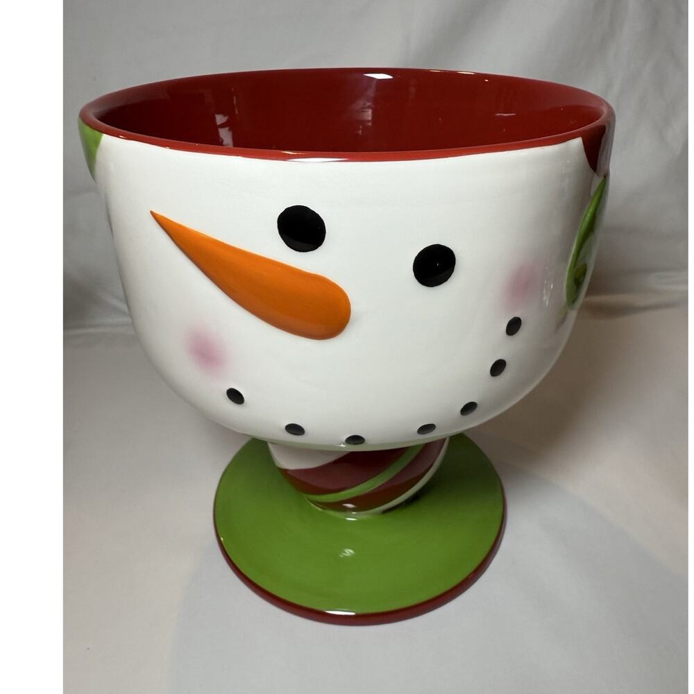 CKAO Ceramic Snowman Pedestal Bowl Red Green White Christmas 10in x 8in